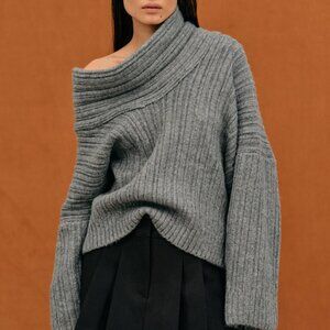 Source Unknown Becca Oversized High Roll Knit Pullover in Storm Grey